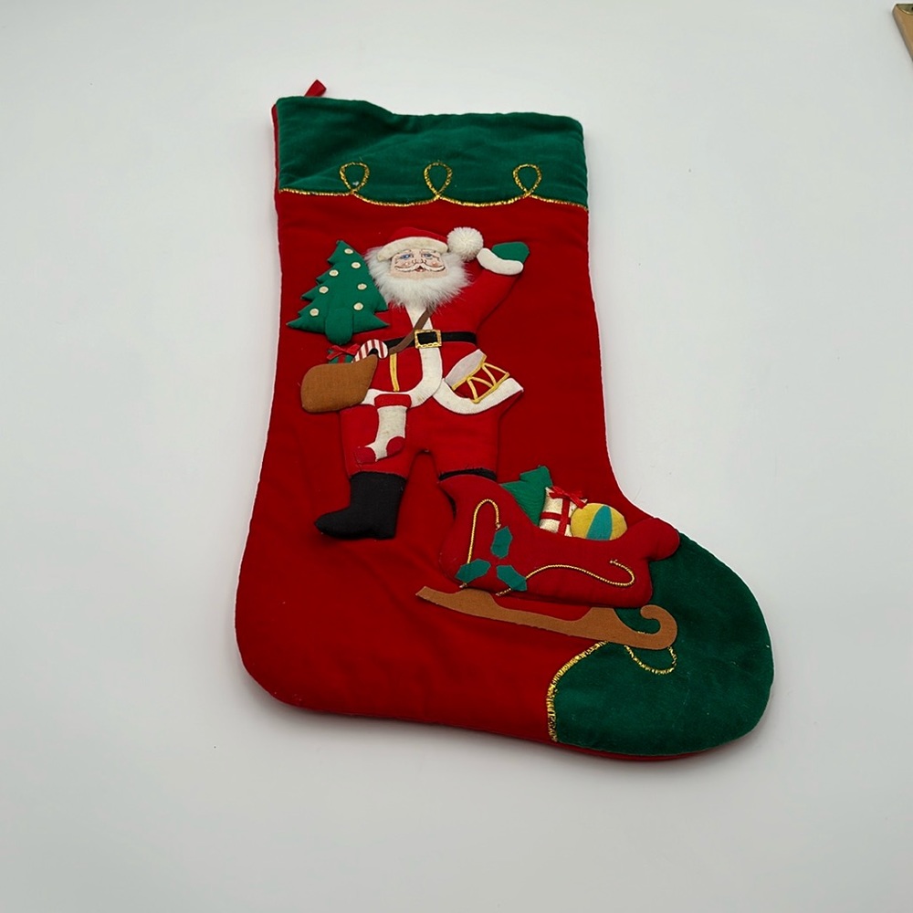 Vintage Santa Sleigh Applique Christmas Stocking Velour Felt 3D.